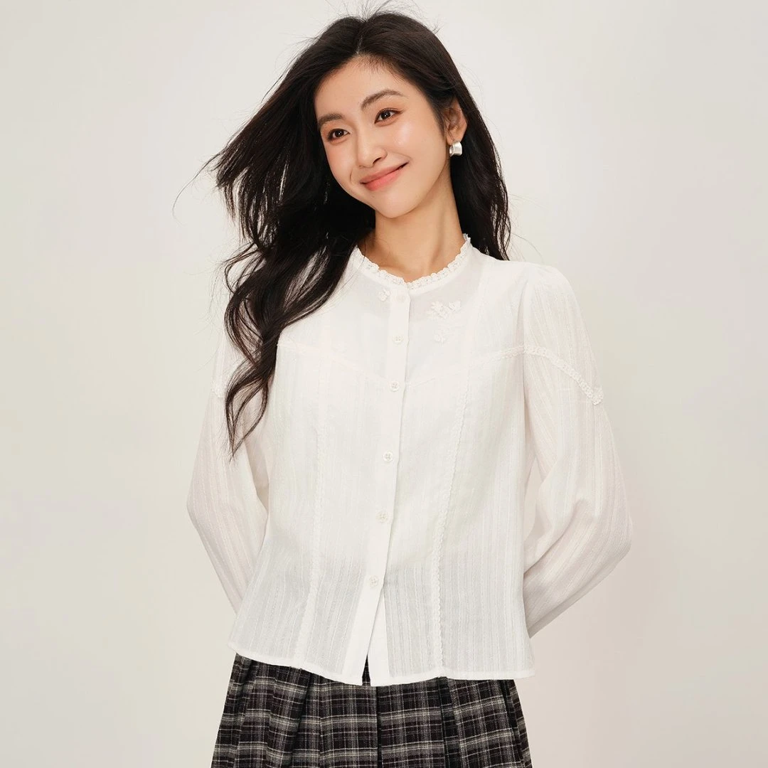 【琥珀流光】25秋季纯棉法式荷叶边刺绣衬衫气质高级感长袖衬衣