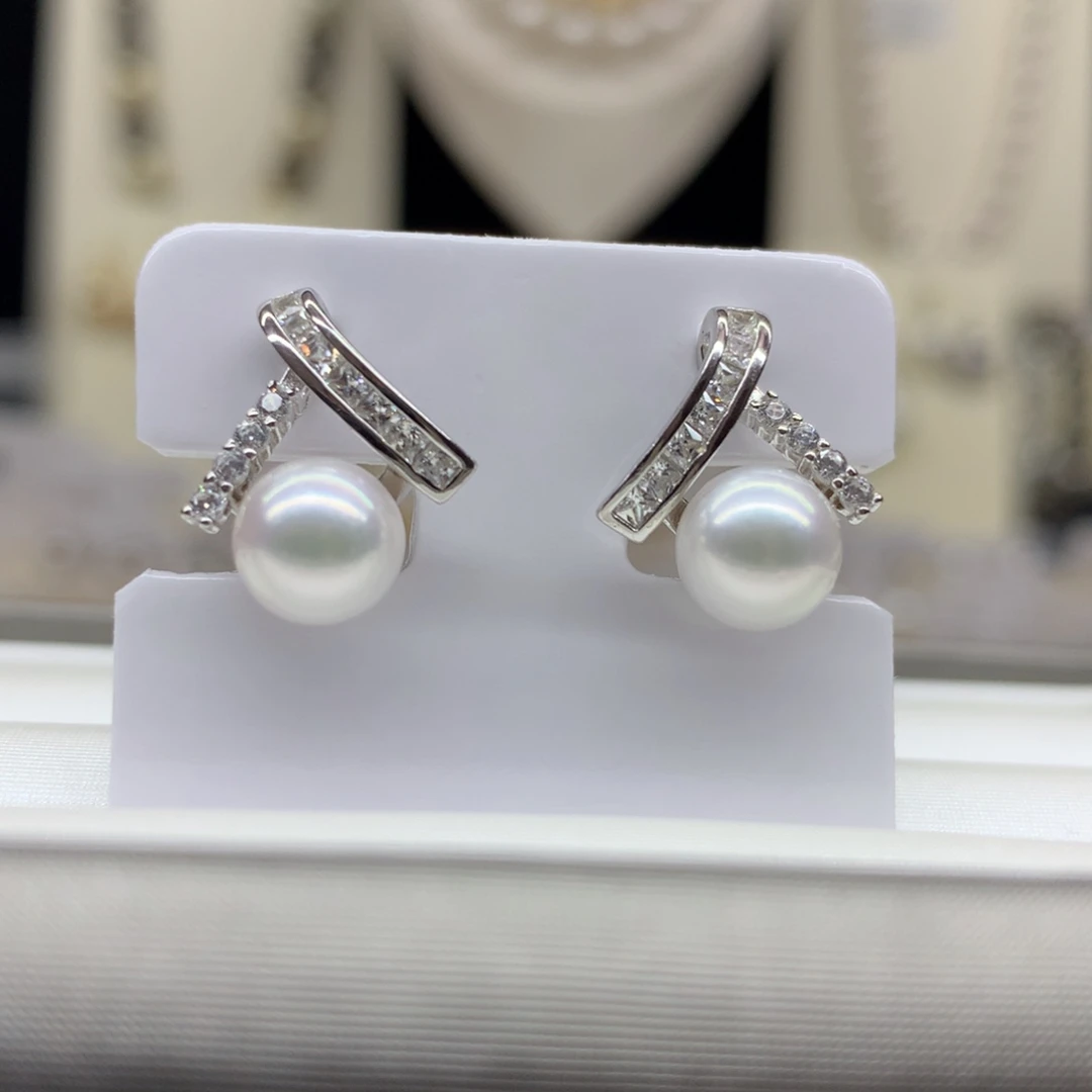 银S925镶嵌海水珍珠耳饰7-8mm海水珍珠耳钉