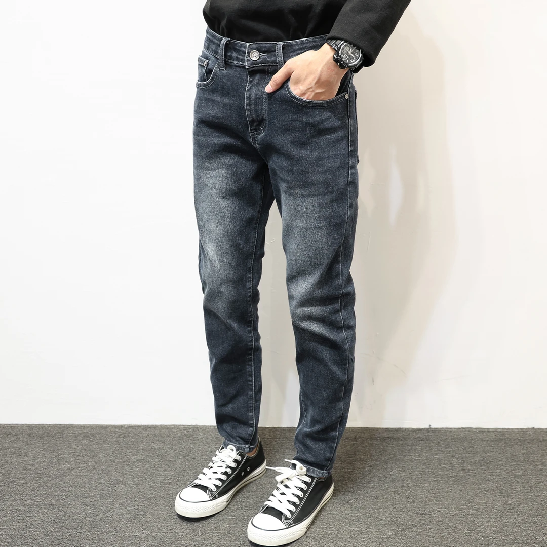男士秋冬新款牛仔裤修身小脚2025百搭水洗蓝磨白做旧长裤潮流百搭