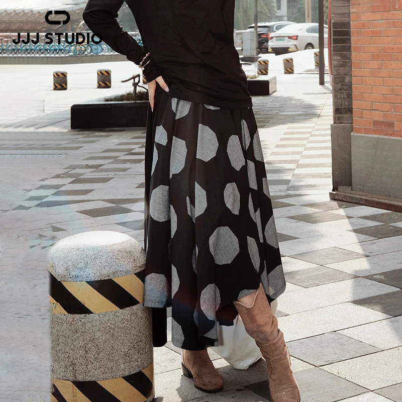 JJJ STUDIO 黑灰色平纹几何印花松紧腰百搭A字大摆半裙JUWFR1Q179