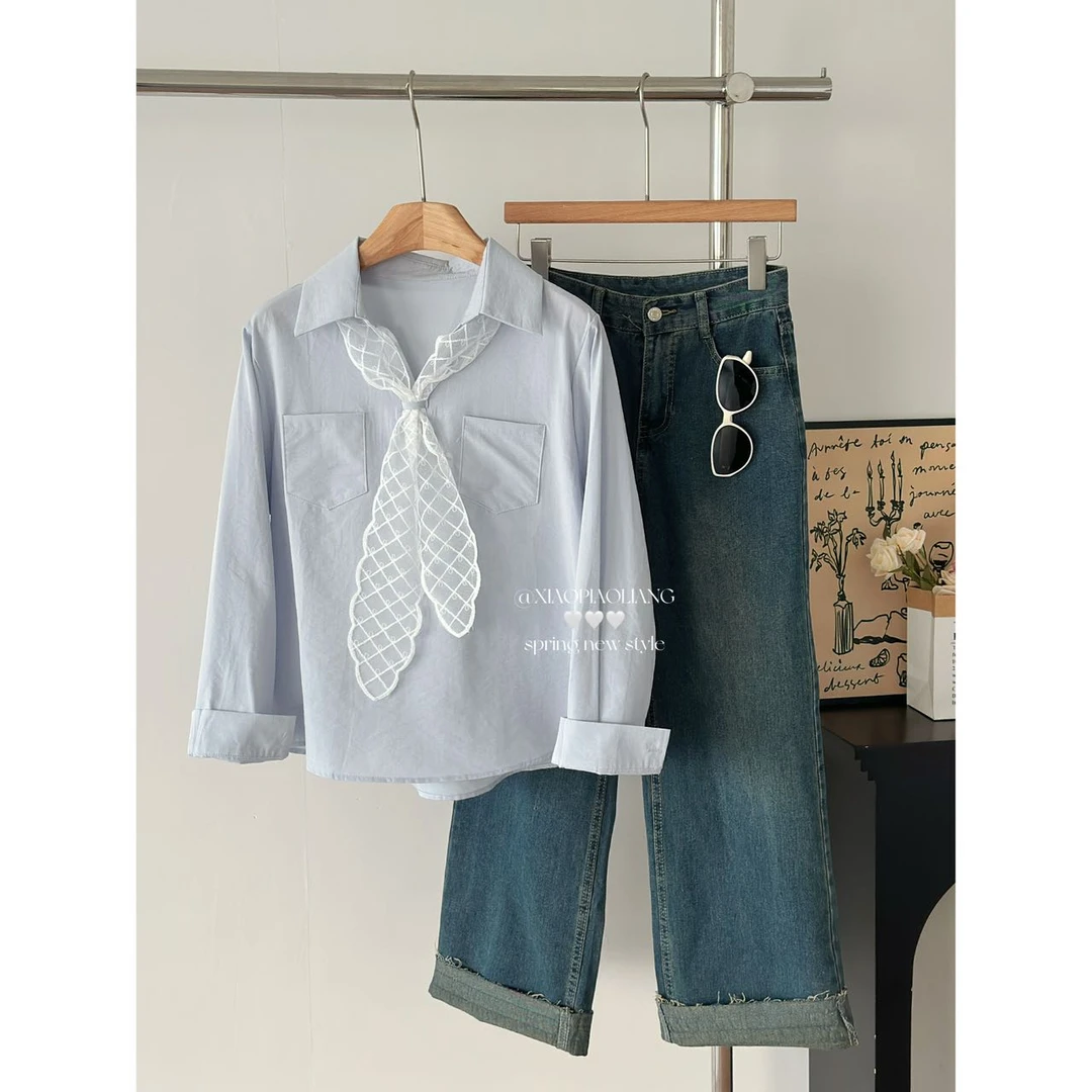 法式新款小众简约百搭衬衣糖果色衬衫+蕾丝飘带两件套8010#0.1 y