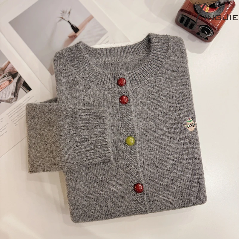 婷姐【外贸订单-小水壶】洋气时尚百搭灰色韩版秋冬毛衣开衫B2213