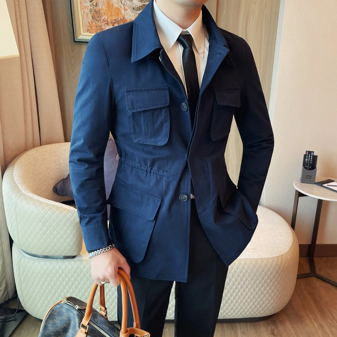 纯棉夹克外套男高级感痞帅韩版猎装风衣多口袋工装中长款翻领大衣