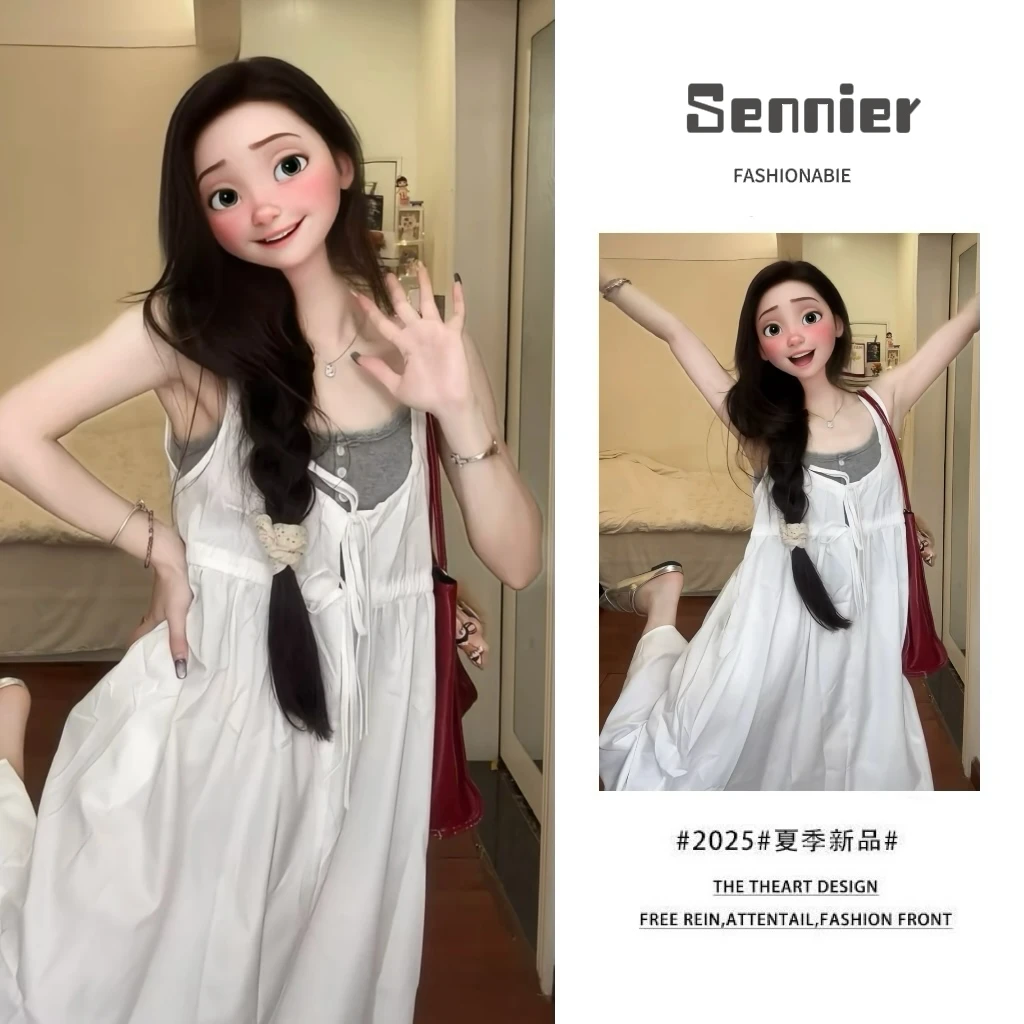 流行穿搭一整套2025夏季新款休闲百搭背心宽松吊带连衣裙两件套装