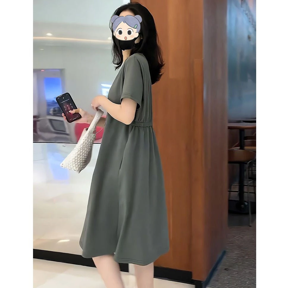 时尚宽松大码连衣裙女2025夏季新款胖MM收腰显瘦休闲短袖t恤