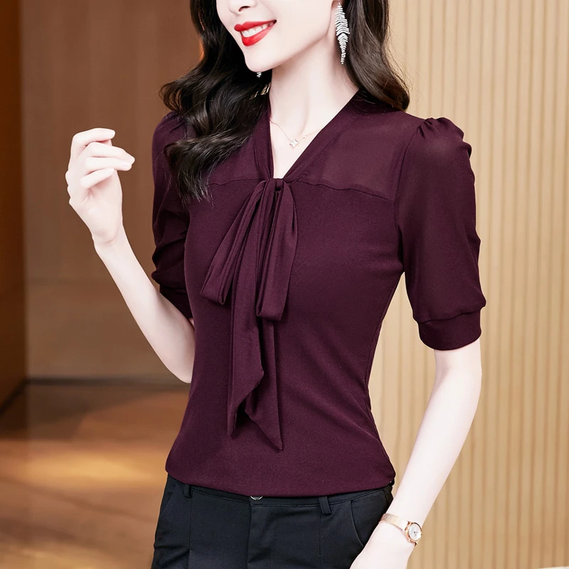 V领网纱气质小衫短袖上衣女装2025新款洋气五分袖大码遮肚显瘦T恤