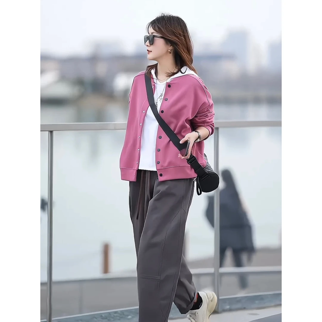 韩版玫粉色2025春季立领单排扣设计复古百搭长袖外套开衫上衣卫衣