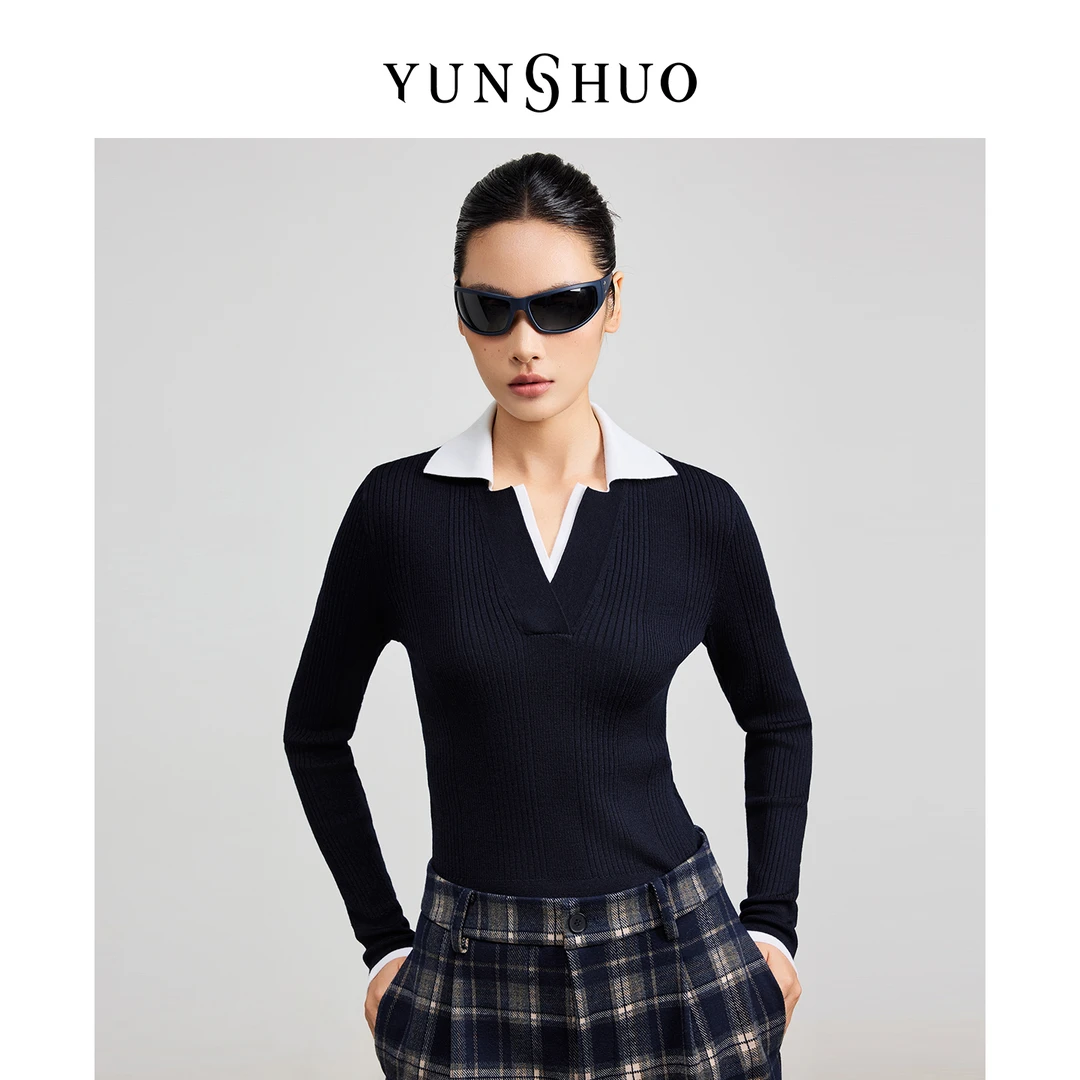 允硕新品时尚百搭拼色翻领修身女装气质长袖针织套头上衣739559