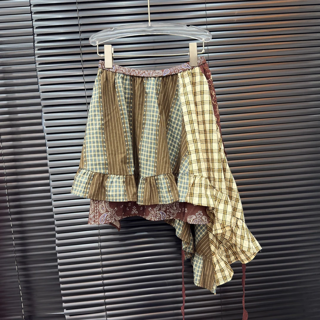 付新博女装小众设计复古蕾丝拼接百搭松紧腰半裙A字裙女14763