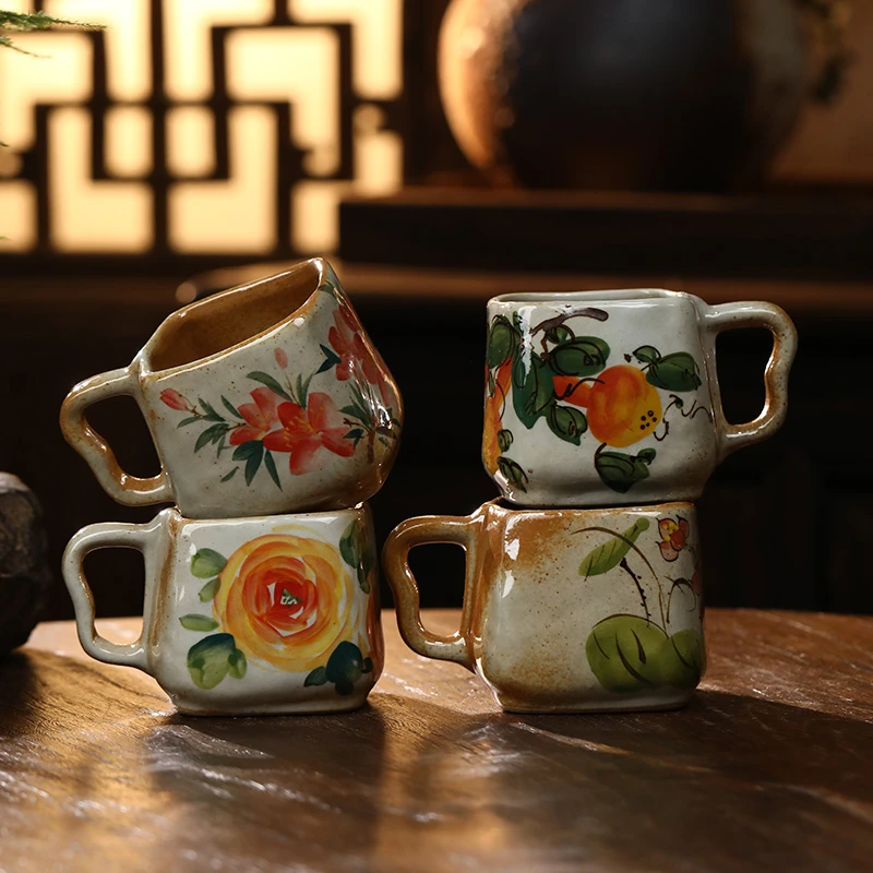 景德镇手绘陶瓷马克杯家用早餐水杯复古釉下彩杯子咖啡杯大容量