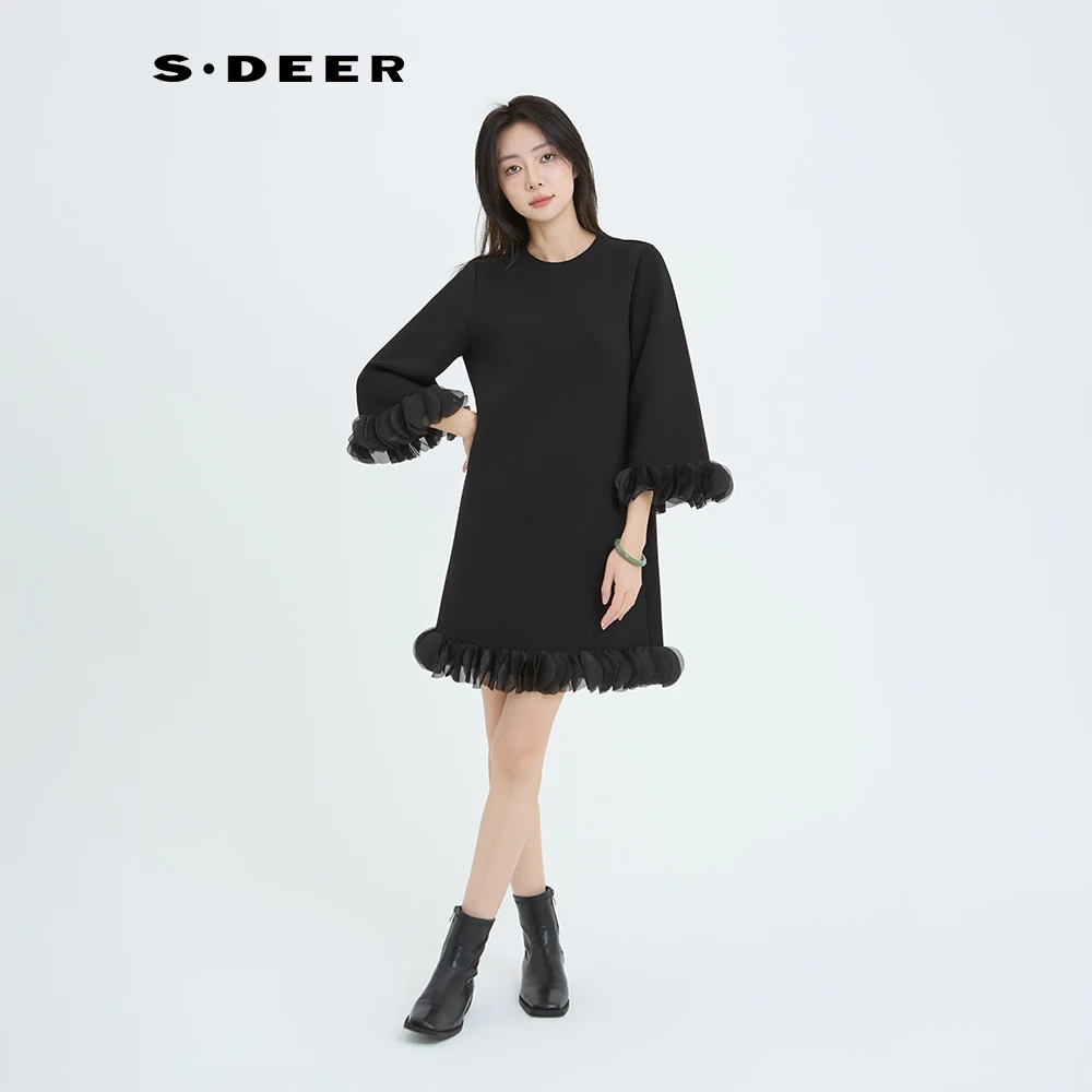 圣迪奥女装H版显瘦气质长袖黑色宽松中长款连衣裙S244Z1235