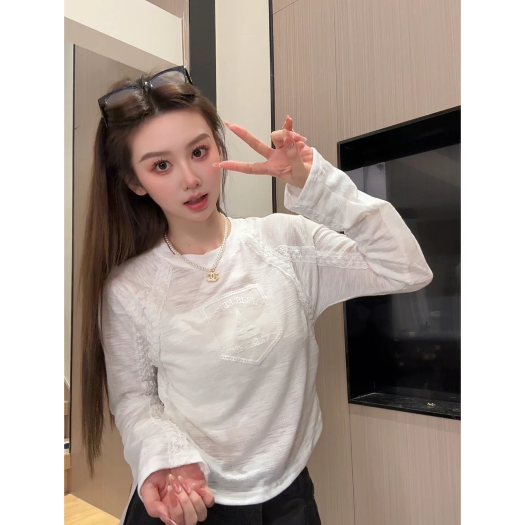 松弛感设计感拼接花边蕾丝白色长袖T恤内搭女