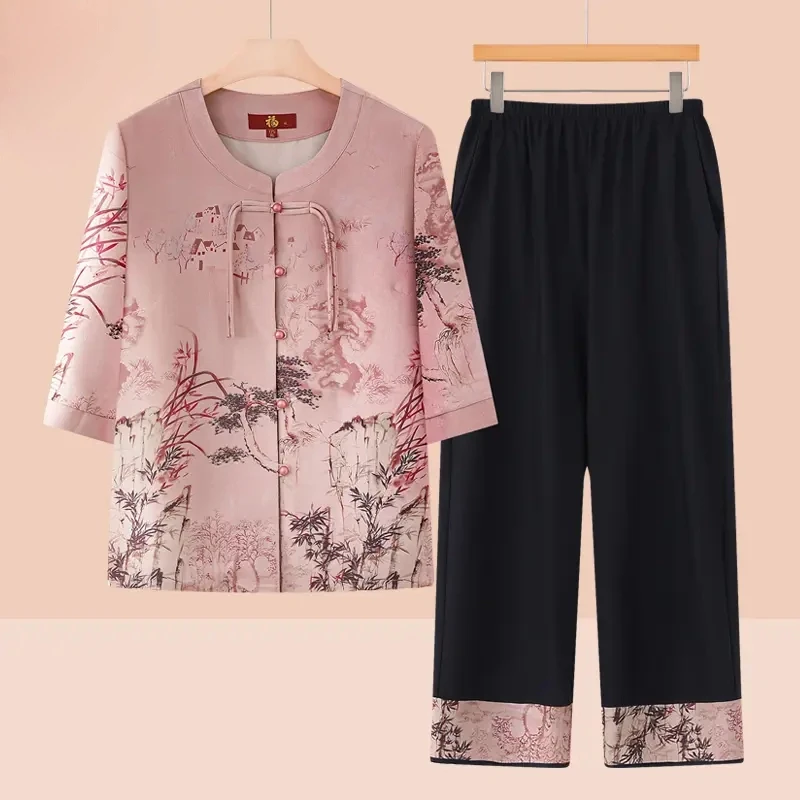 奶奶装夏装中袖舒适老人妈妈夏季国风开衫老太太上衣60--80岁薄款