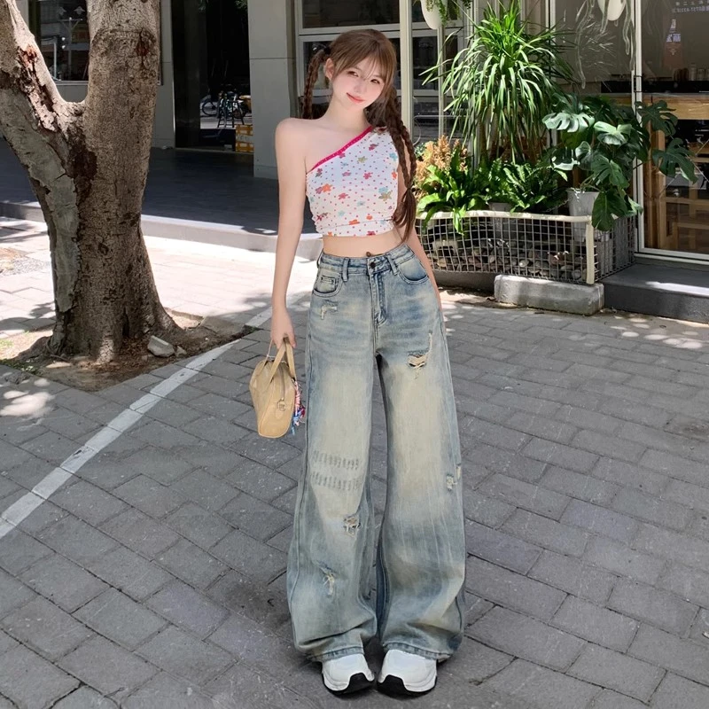 美式破洞阔腿牛仔裤女2025夏季薄款水洗磨破宽松小个子直筒拖地裤