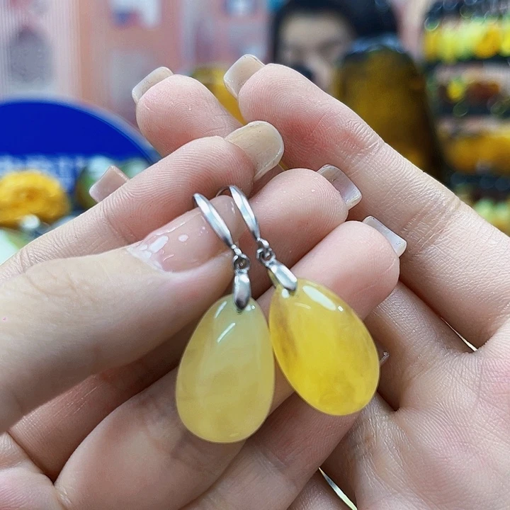 蜜蜡银S925镶嵌裸石耳环