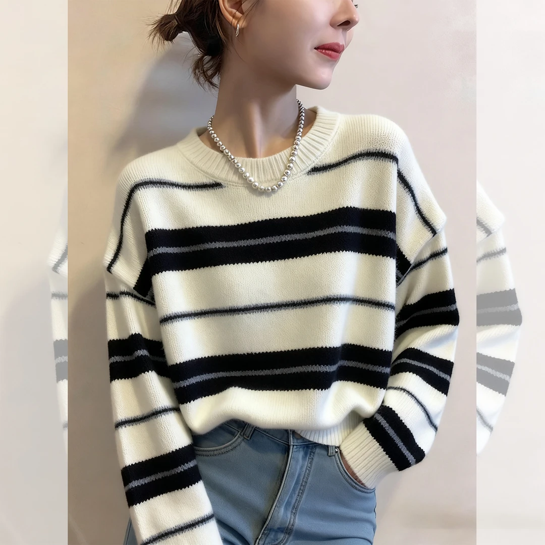 慵懒风圆领撞色条纹软糯毛衣女秋冬2025新款爆款保暖外搭针织上衣