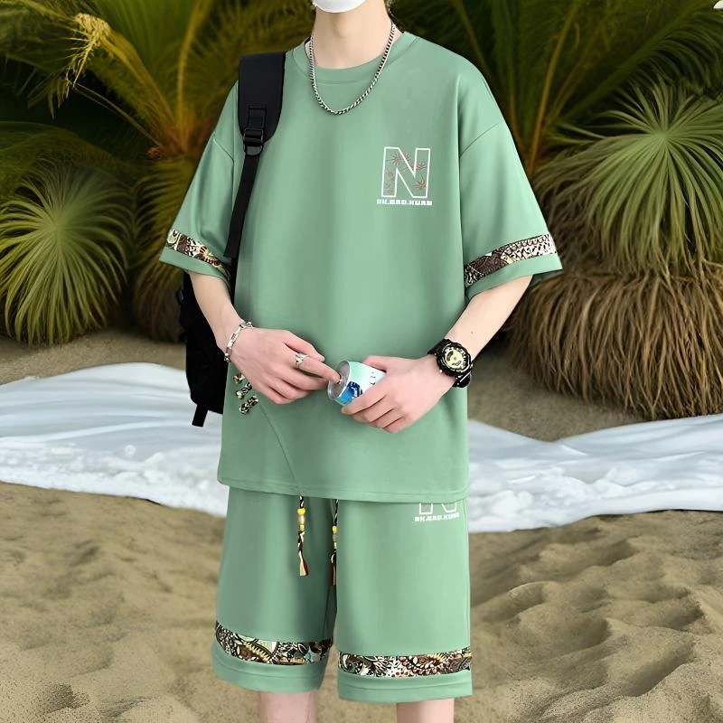 大码男装100-280斤新款短袖t恤男青少年夏装帅气短袖休闲潮流套装