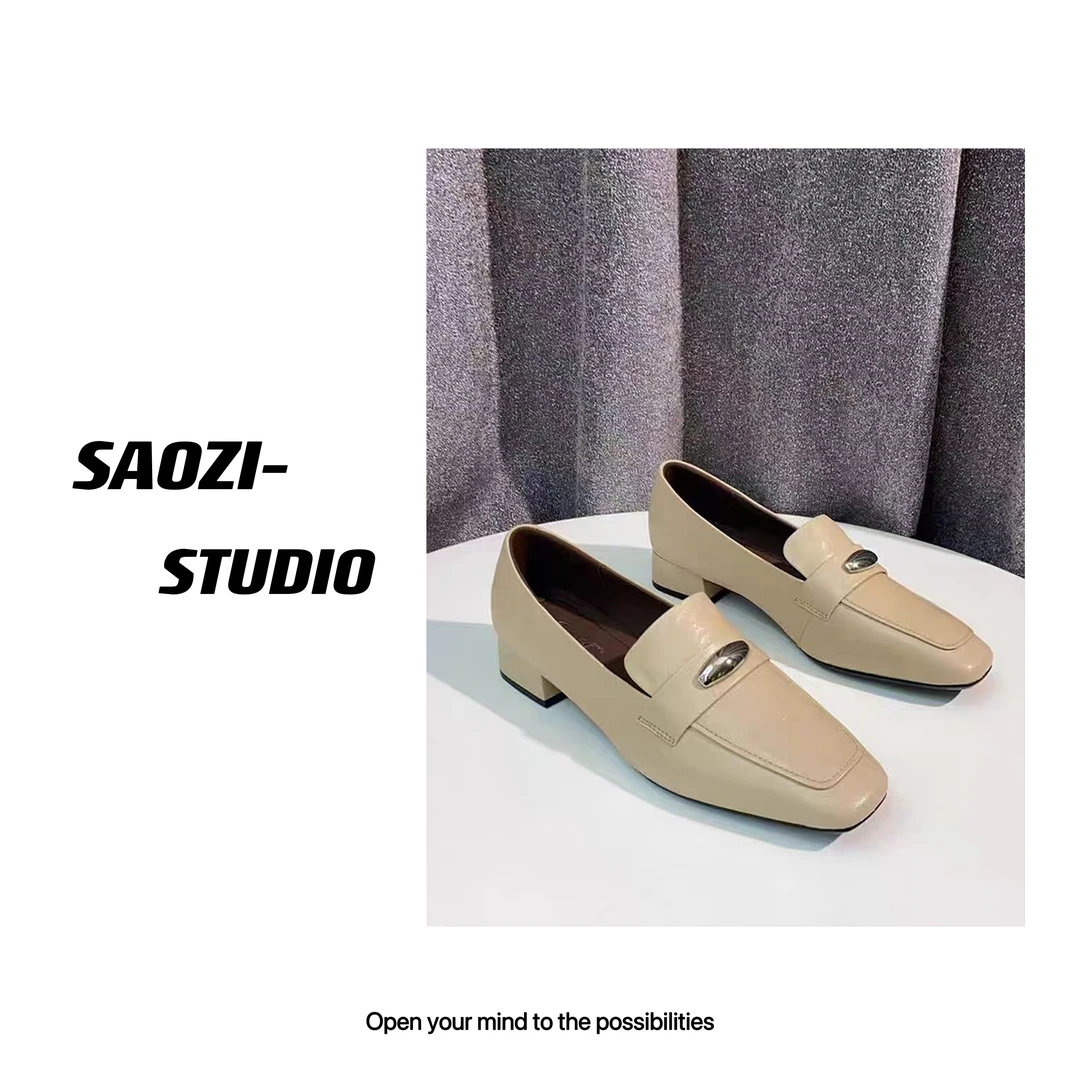 B-01-单- 2025新款时尚百搭方头低跟深口女士英伦风乐福鞋