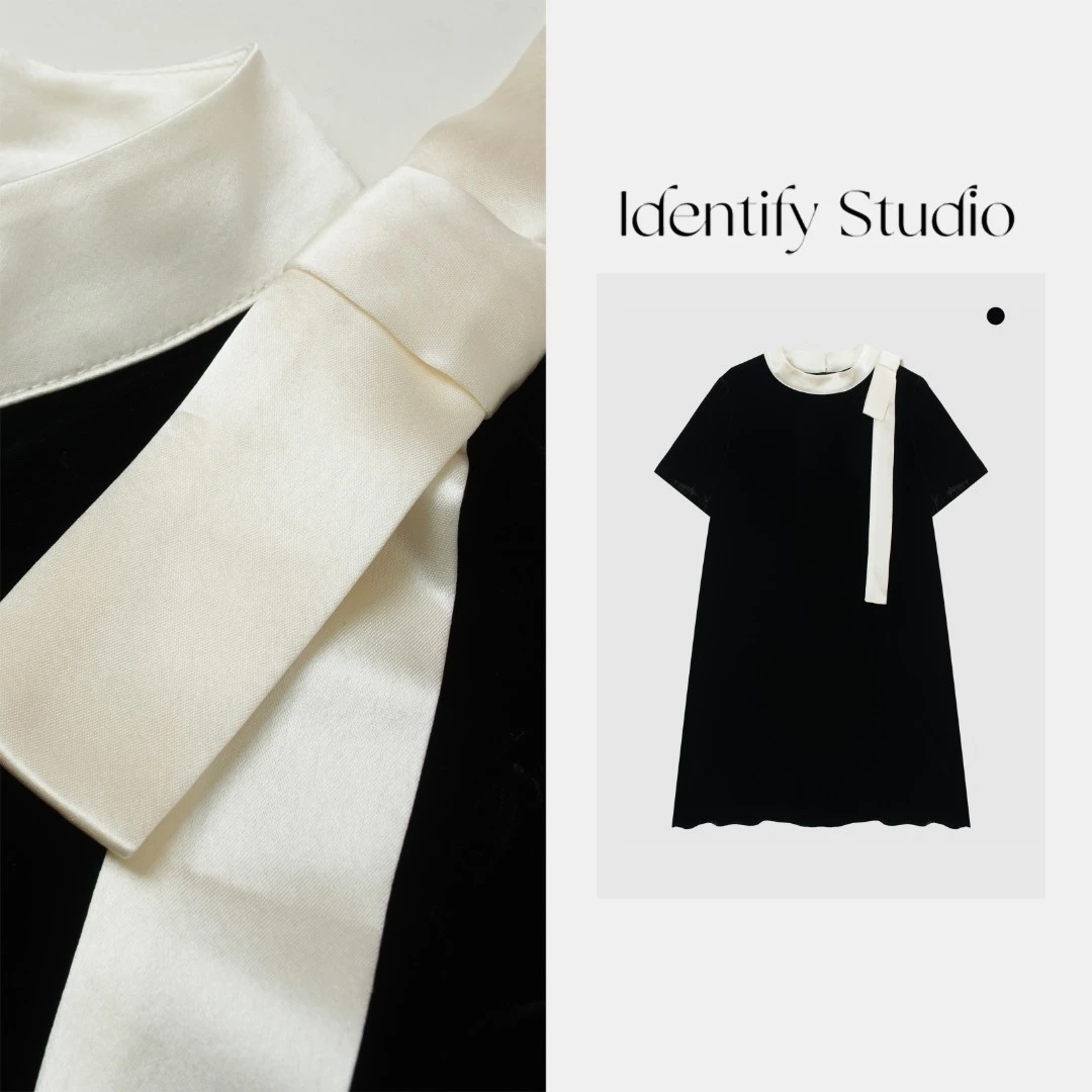 IDENTIFY“小香品味”夏季新款设计感撞色飘带桑蚕丝连衣裙25SS