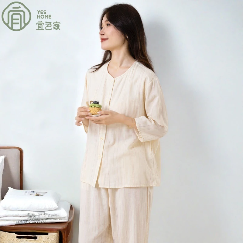 宜色家带胸垫睡衣女款爆款2025新款夏季妈妈款全棉宽松薄款家居服