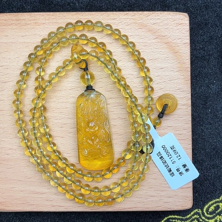 琥珀未镶嵌珠宝奇石绿茶龙牌套链