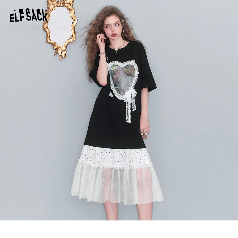 0255【金拐子】妖精的口袋蕾丝拼接印花网纱连衣裙女2025夏新宽松