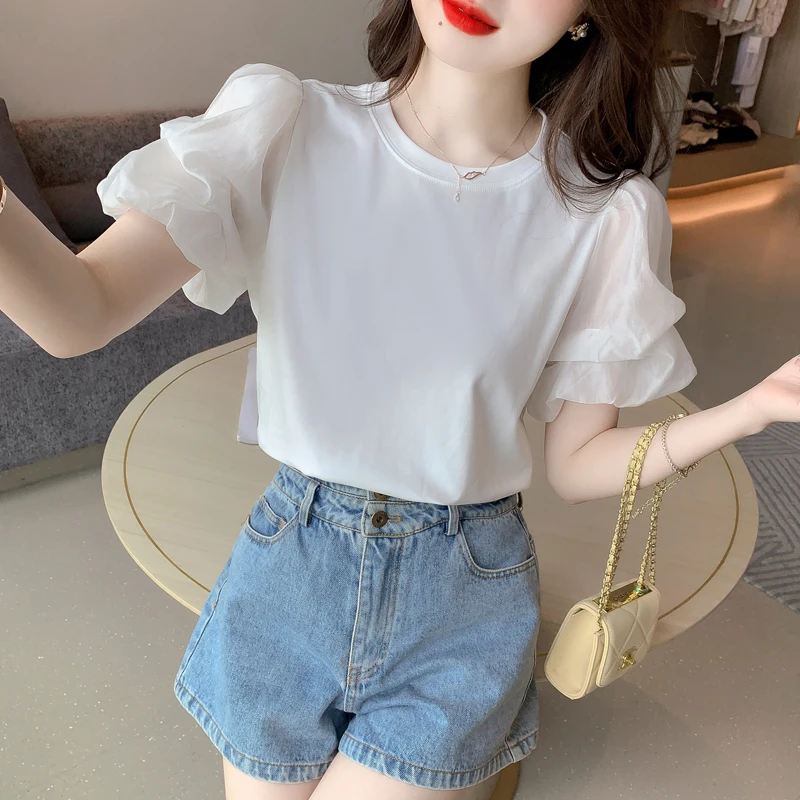 2025夏季新款时尚百搭白色泡泡袖T恤女小众设计休闲宽松短袖上衣