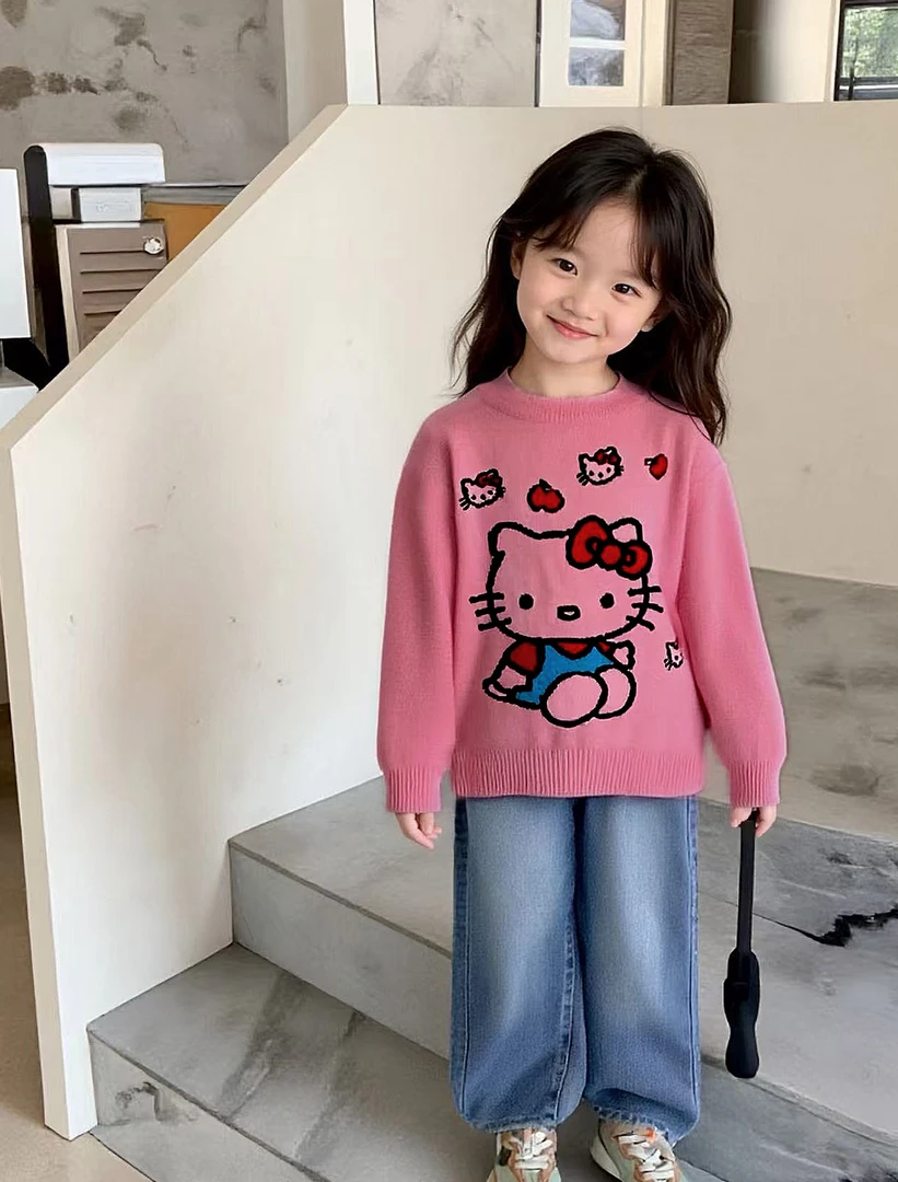 2025新款女孩KT猫毛衣女童卡通针织衫童装秋冬针织衫加厚羊毛衫