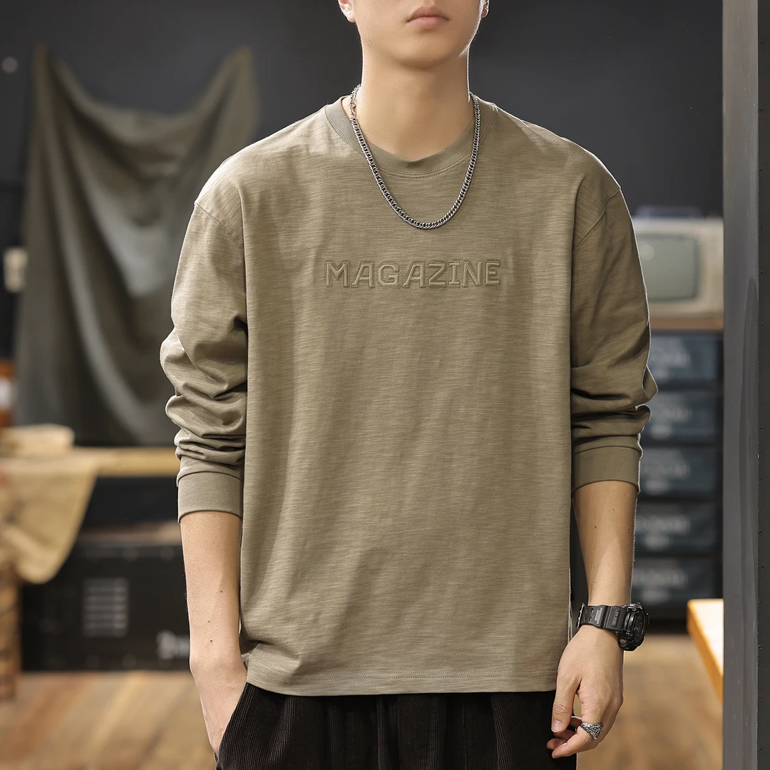 U&PURA竹节棉纹理感长袖T恤男秋新款纯棉刺绣打底衫潮流时尚休闲