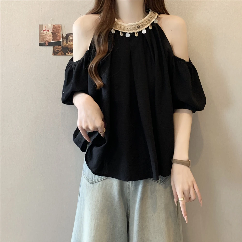 大码女装遮肚子设计感钉珠领露肩衬衫女夏季胖妹妹宽松显瘦雪纺衫