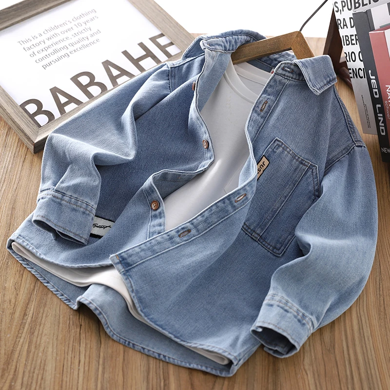 男童牛仔衬衫2025春秋新款儿童长袖衬衣帅气男孩薄款打底衫外套潮