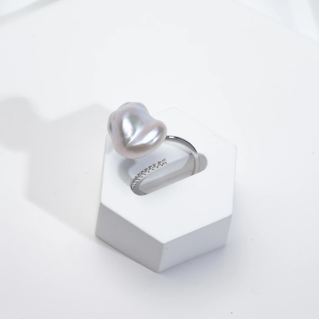 【银块】S925银淡水巴洛克冷白光澳白蓝光KESHI精致开口戒指碎钻