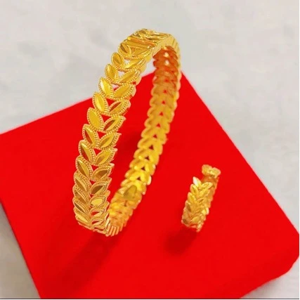 新款麦穗手镯戒指女双层叶子镂空森系黄铜镀金小众开口手饰品
