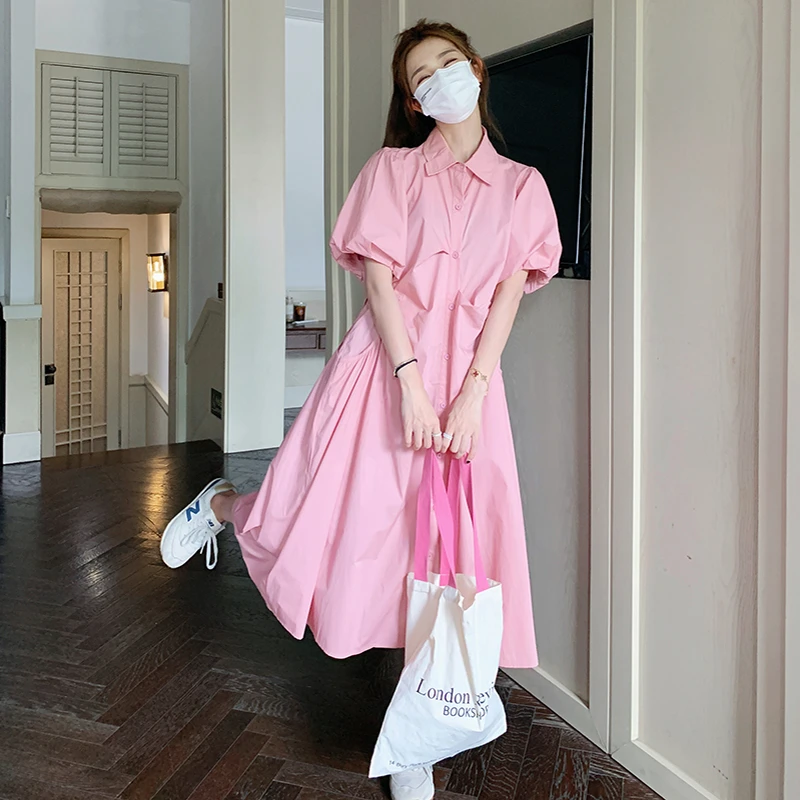 粉色连衣裙女2025夏季新款茶歇法式高级感温柔风泡泡袖多巴胺长裙