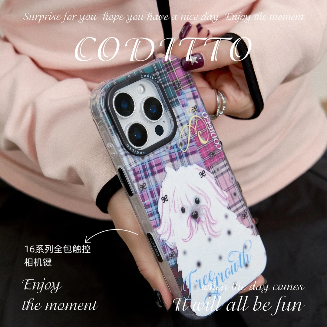 coditto格纹小狗磨砂带相机按键适用苹果16promax手机壳创意可爱