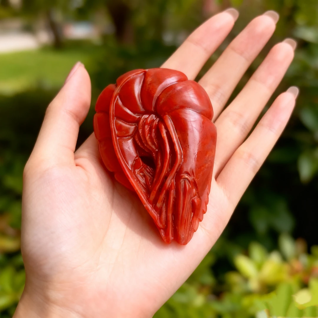 寿山石红田黄石南红鸡血石龙虾手把件把玩件文玩盘玩虾摆件工艺品