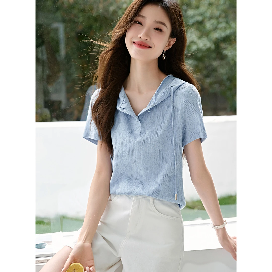 沫晗依美2025夏季新款舒适轻薄百搭衬衫休闲棉布提花连帽衬衣4401