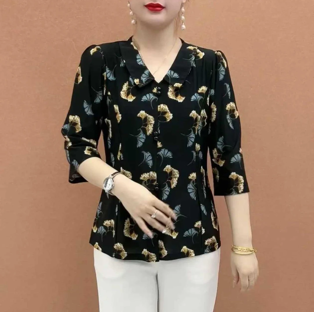 夏季新款女士休闲修身妈妈装翻领短七分袖银杏叶印花T恤中袖碎花