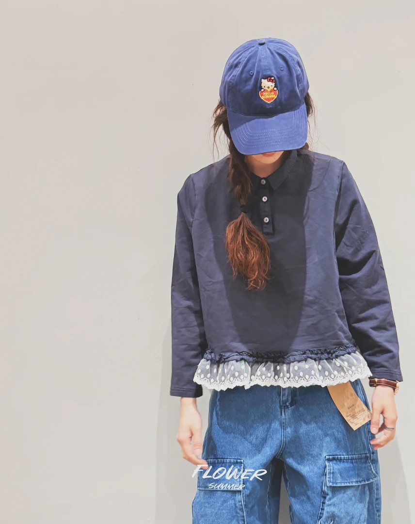 夏小朵 蕾丝边长袖PoloT恤 休闲百搭小众宽松个性简约纯色POLO衫