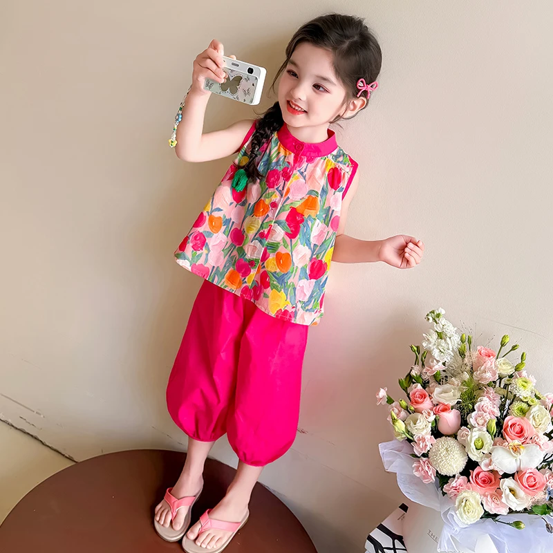 女童碎花背心套装2025新款儿童夏装韩版洋气女宝宝夏季时髦两件套