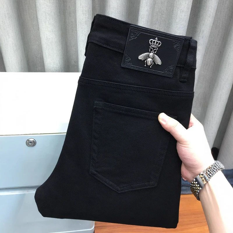 高端潮牌轻奢厚款牛仔裤男黑色修身直筒弹力潮流休闲百搭长裤子