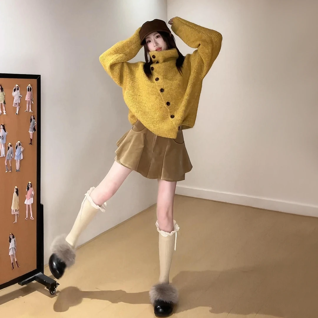 韩系黄色针织套装裙子女秋冬季2025年新款小个子网红款一整套冬装