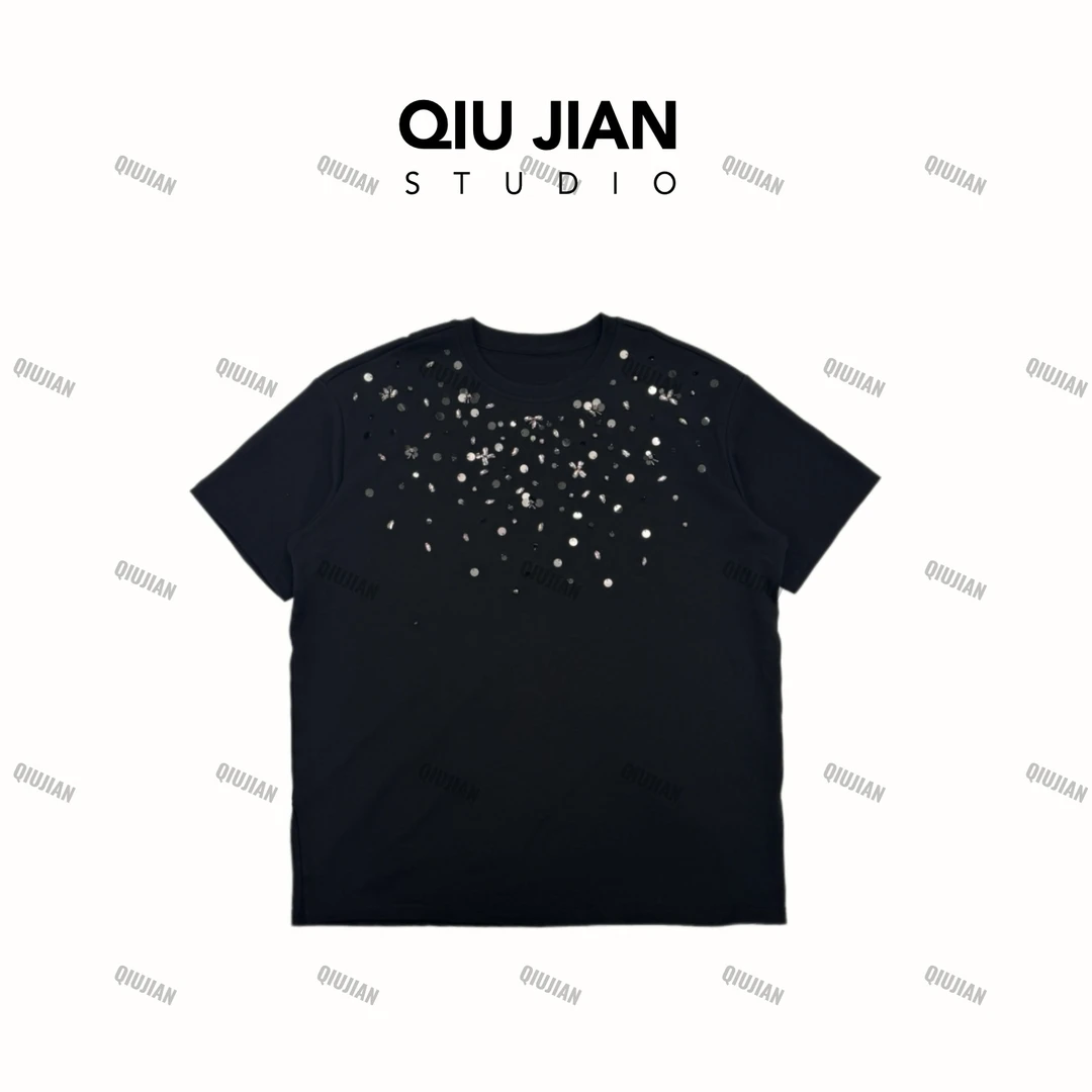 QIUJIAN【流光溢彩】DQ-5128-001短袖T恤圆领亮片百搭显瘦休闲上衣