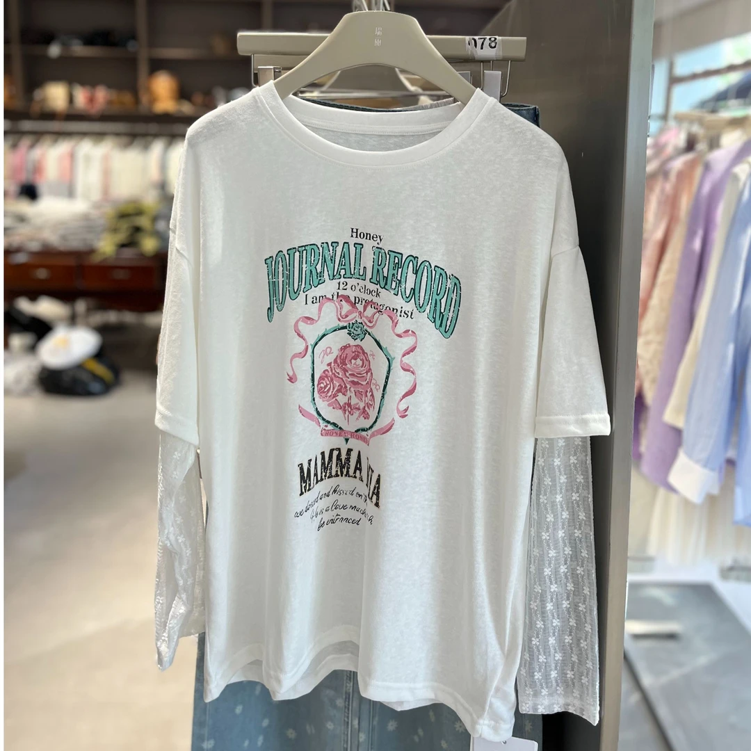 夏季简约韩系假两件通勤短袖蕾丝袖印花卡通字母T恤上衣【蕾丝袖】