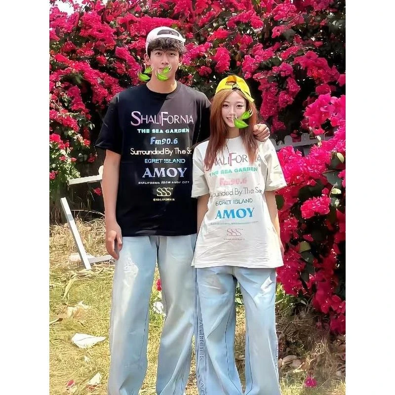 2025美式街头风新款时尚T恤男女个性彩色字母印花情侣款设计潮牌