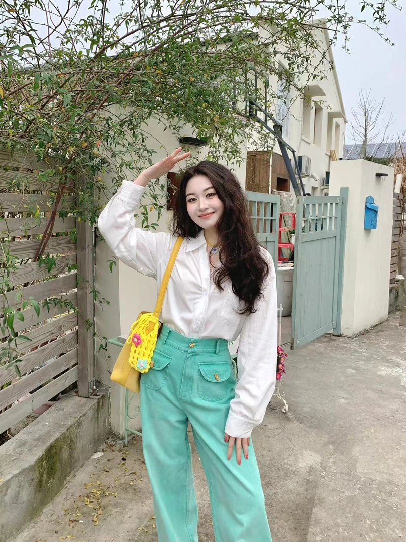 2025秋季新款韩系穿搭气质简约蕾丝拼接白衬衫高腰休闲裤套装