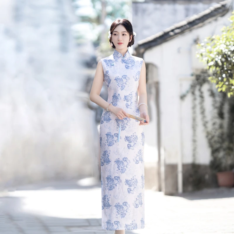 WX0055青花瓷素色无袖中国风旗袍女款显瘦中式连衣裙日常长款气质