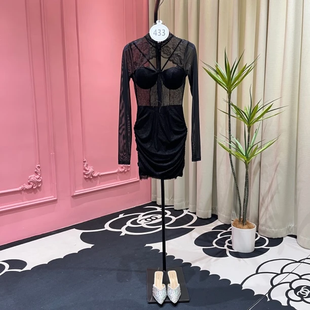 【欧一】433号 超软包臀裙纯欲风长袖显瘦性感黑色收腰蕾丝辣妹裙