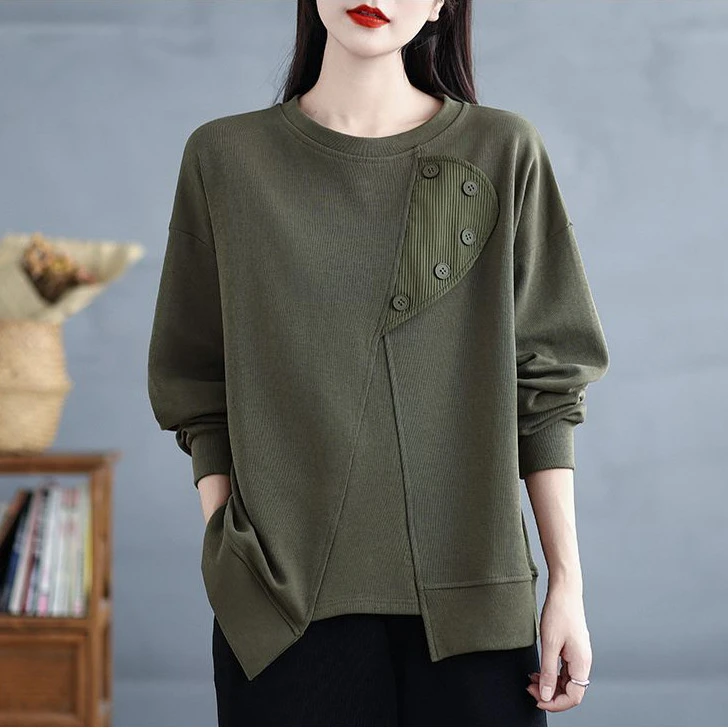 纽扣长袖圆领韩版木耳边拼接短款卫衣休闲上衣大码春季女装宽松
