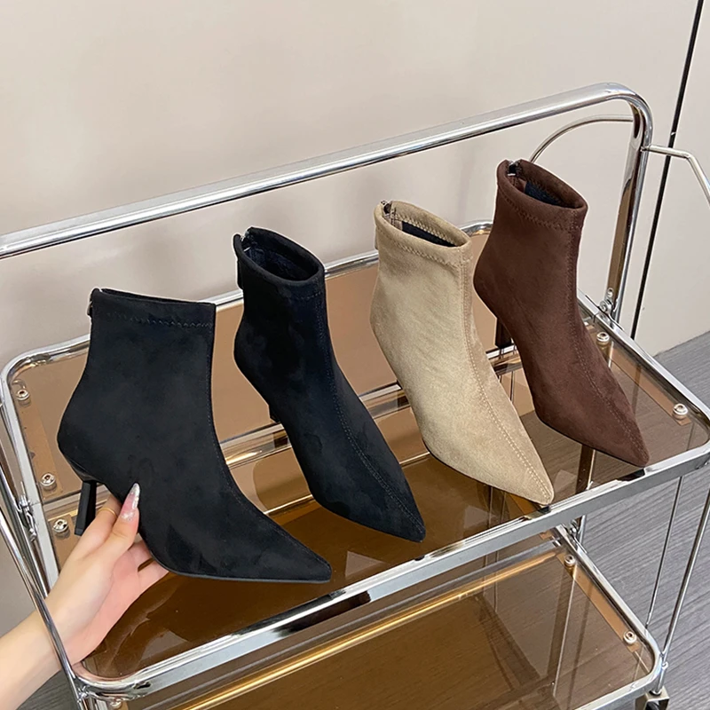 2025秋冬气质细跟加绒裸靴套筒弹力瘦瘦靴子小猫跟尖头绒面短靴女